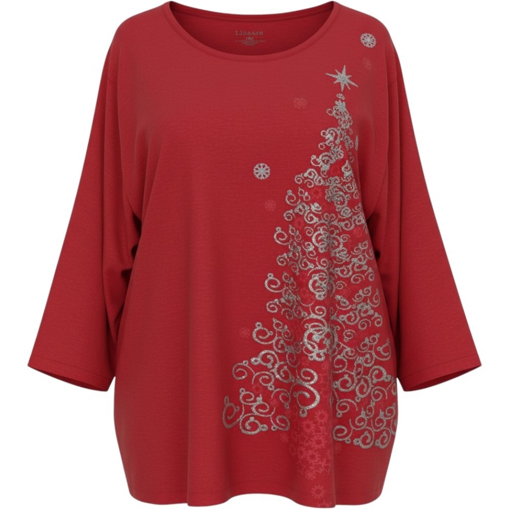 Liz & Me Red Christmas Tree Graphic Top 3/4 Sleeve Plus Size 1X Holiday Tee